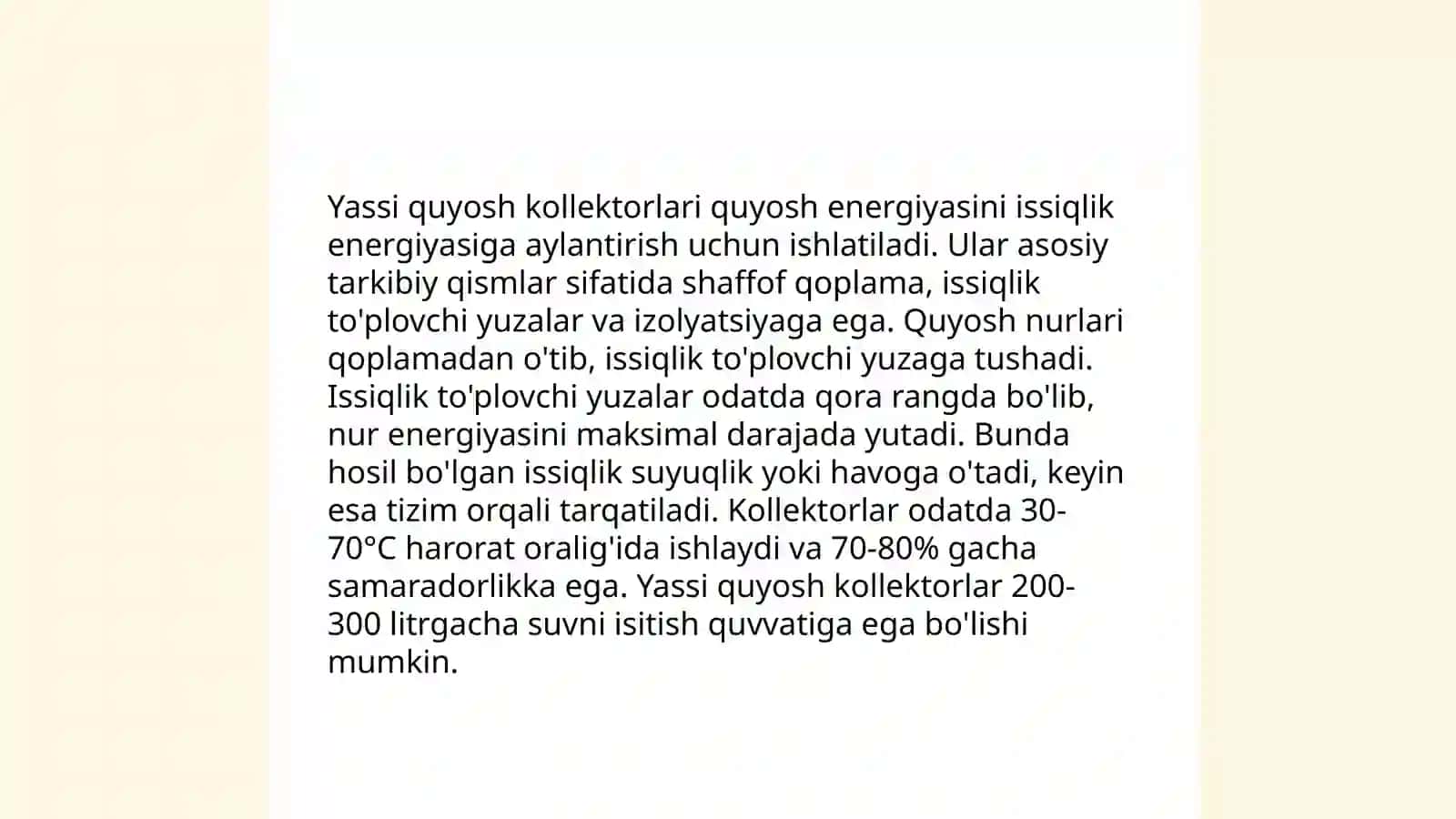 Yassi quyosh kollektorida qizdiriladigan suvning ko‘rsatkichlarini o‘lchash va uning issiqlik samaradorligini aniqlash 4