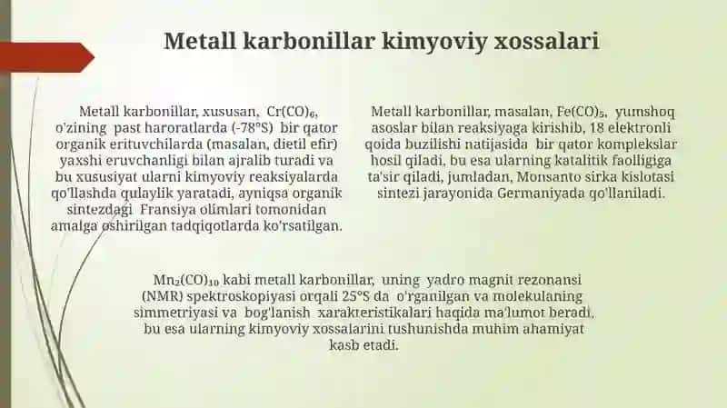 Metall karbonillari tuzilishi, olinish usullari va ishlatilishi 4