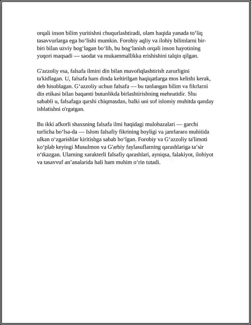 ABU NASR FOROBIY VA G'AZZOLIYNING FALSAFA ILMIGA OID QARASHLARINI TAQQOSLAB MUHOKAMA QILISH 4