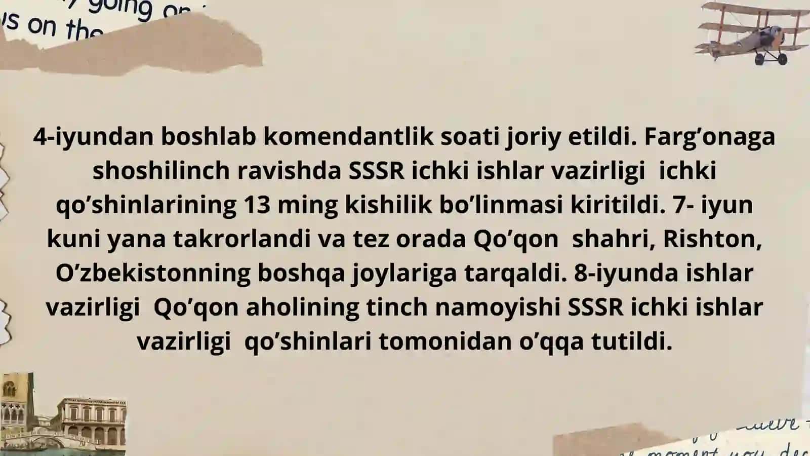 FARG’ONA, BO’KA, PARKENT VOQEALARI. O’ZBEKISTONDA IJTIMOIY INQIROZNING AVJ OLISHI 4