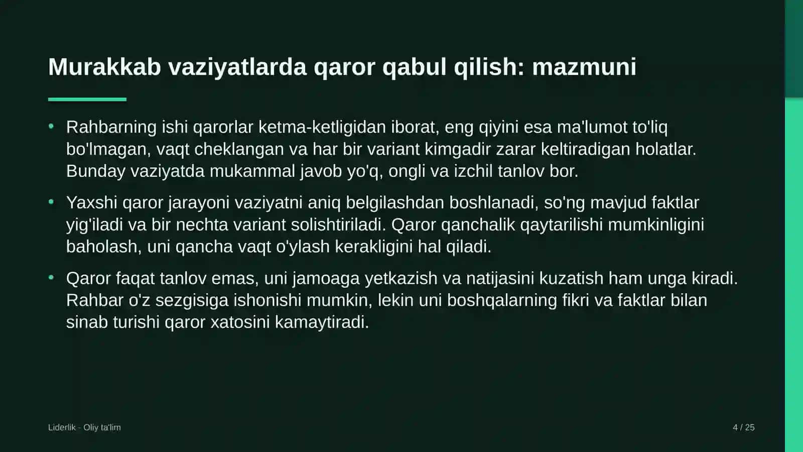 Kosmetika do'konlarida liderlikda murakkab vaziyatlarda qaror qabul qilish 4
