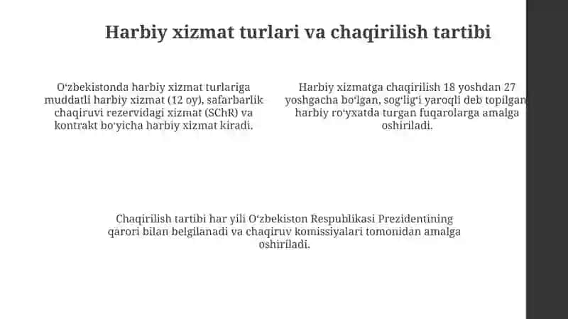 Ozbekiston Respublikasining “Umumharbiy majburiyat va harbiy xizmat togrisida”gi qonunning mazmuni 4