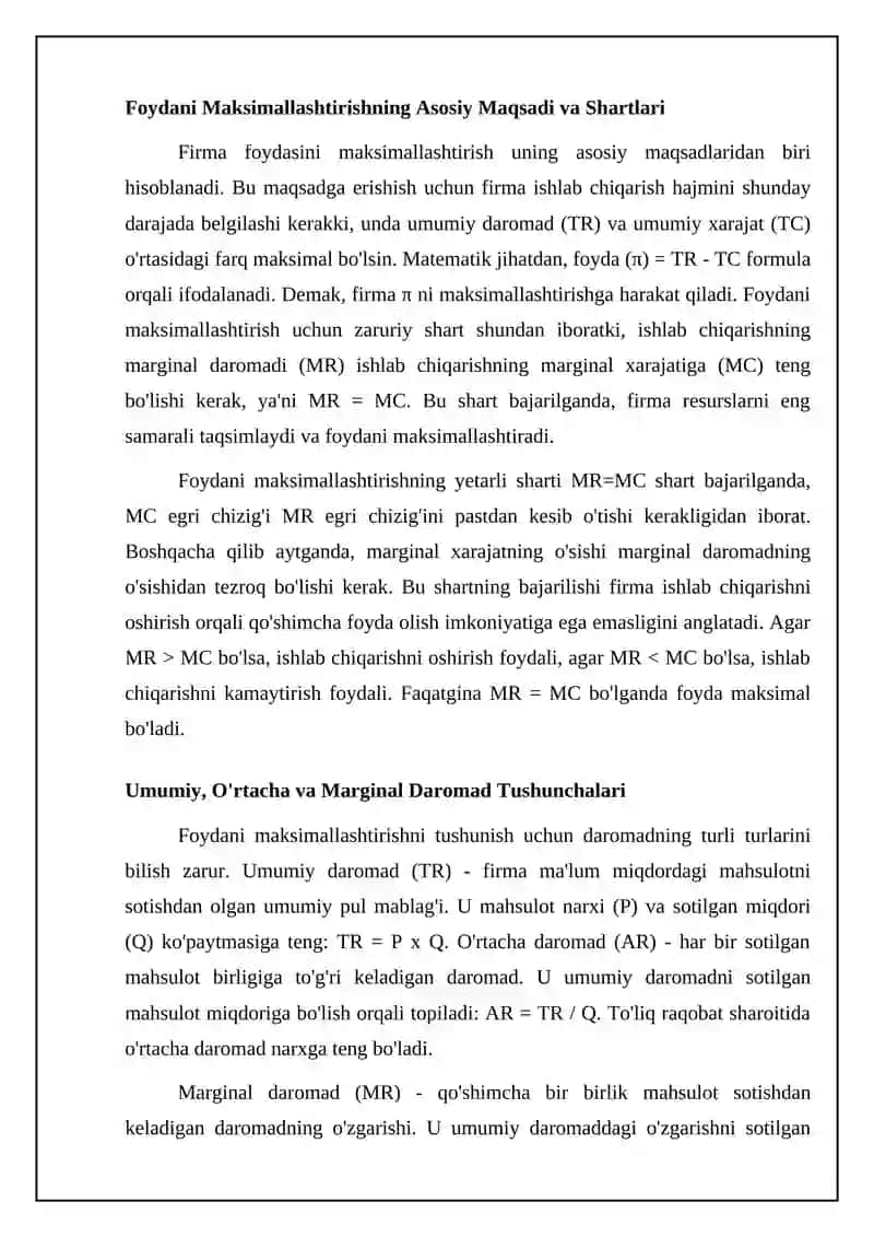 Firma foydasini maksimallashtirish va uning taklifi 4