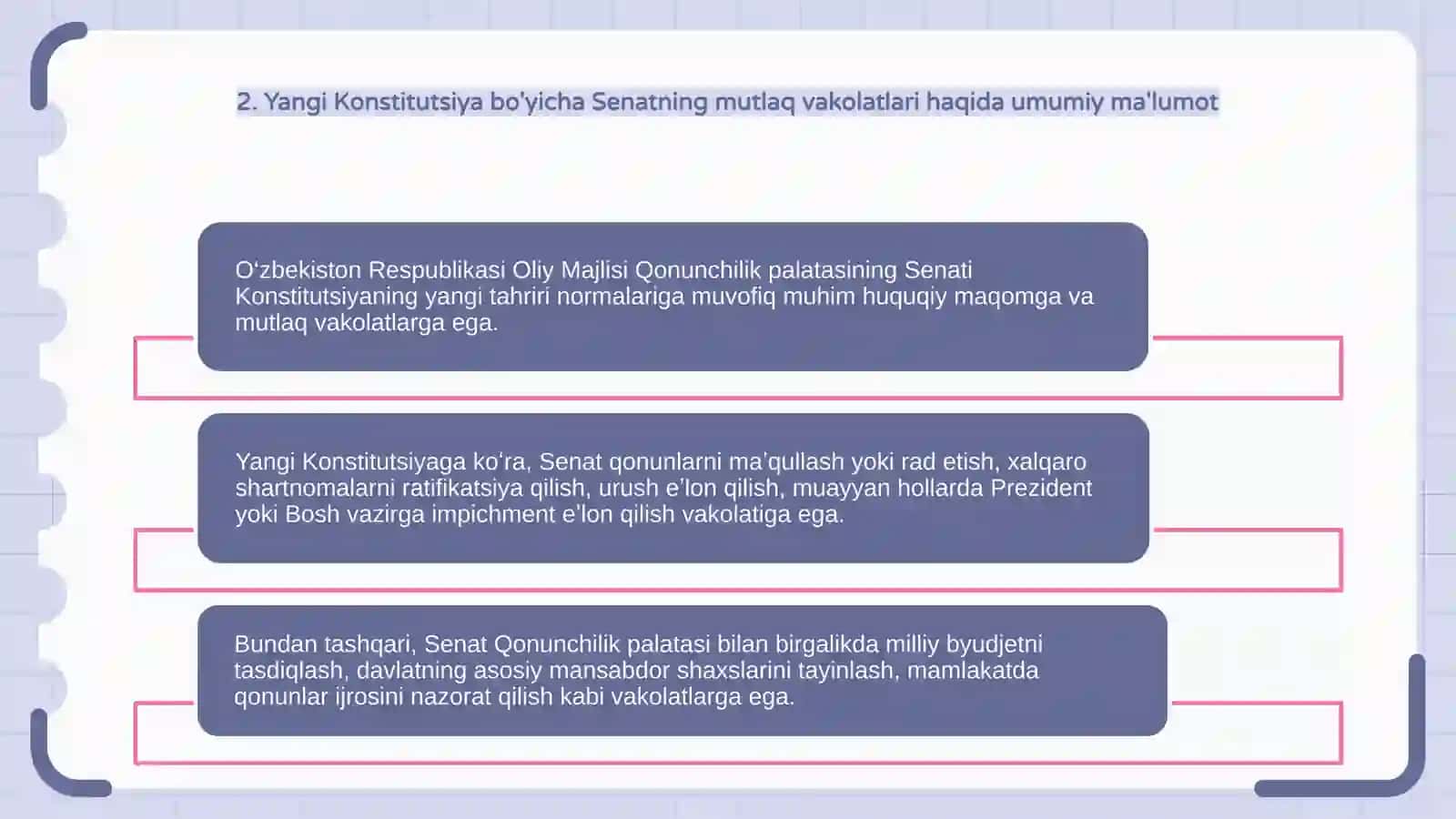 O'zbekiston Respublikasi Oliy majlis Qonunchilik palatasiining Senatning huquqiy maqomi va mutloq vakolatlarini hamda ularning birgalikdagi vakolatlarini yangi tahrirdagi O'zbekiston Respublikasi Konstitutsiyasi normalari asosida izohlang 4