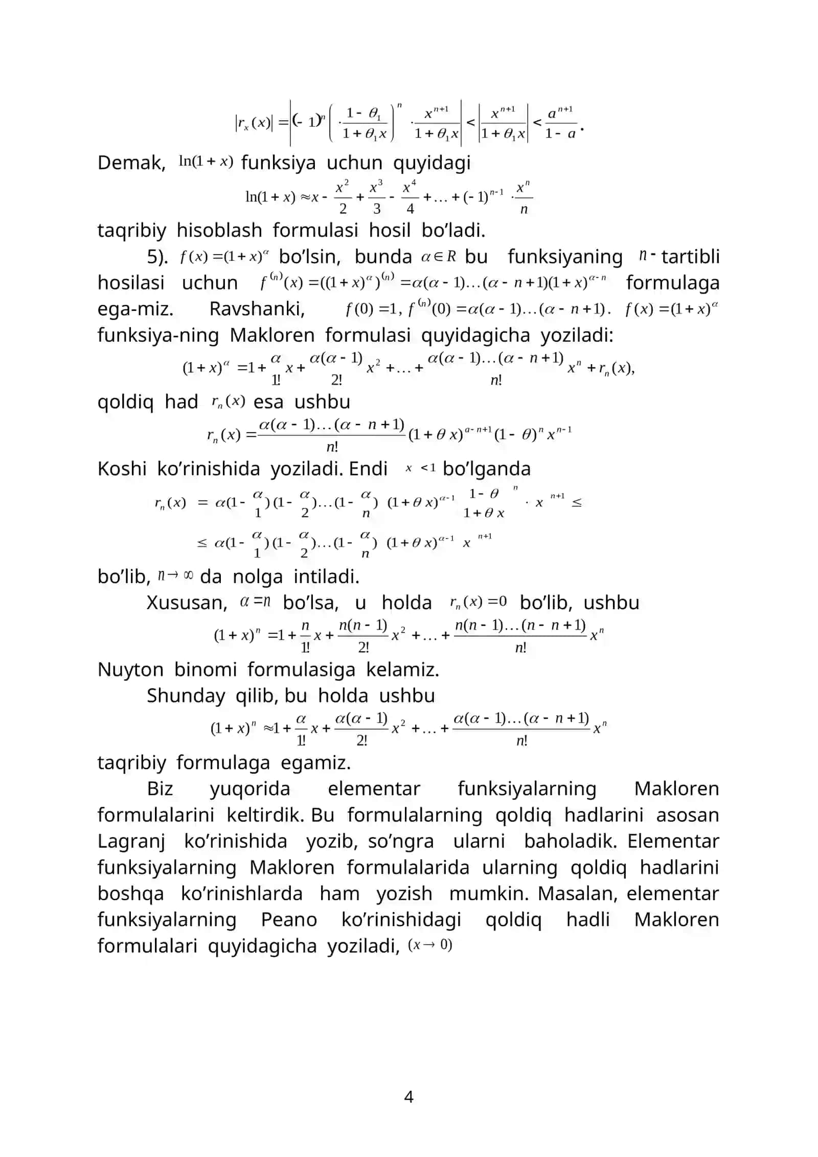 Lagranj ko’rinishidagi qoldiq hadli Makloren formulasini qaraylik 4
