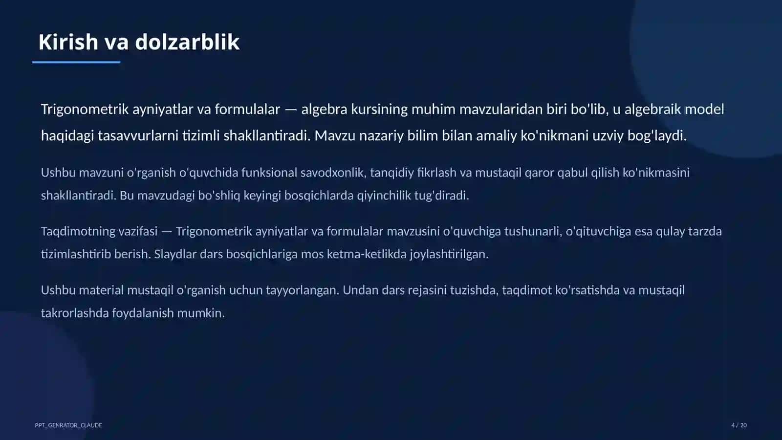 Trigonometrik ayniyatlar va formulalar (10-sinf) 4