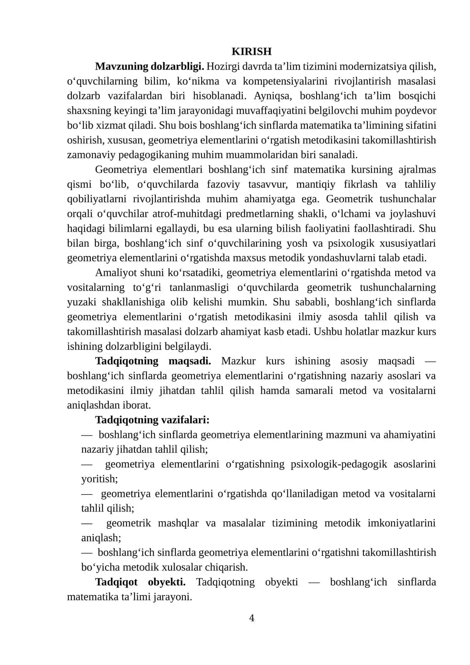 “BOSHLANG‘ICH SINFLARDA GEOMETRIYA ELEMENTLARINI O‘RGATISH METODIKASI” MAVZUSIDA TAYYORLAGAN KURS ISHI 4