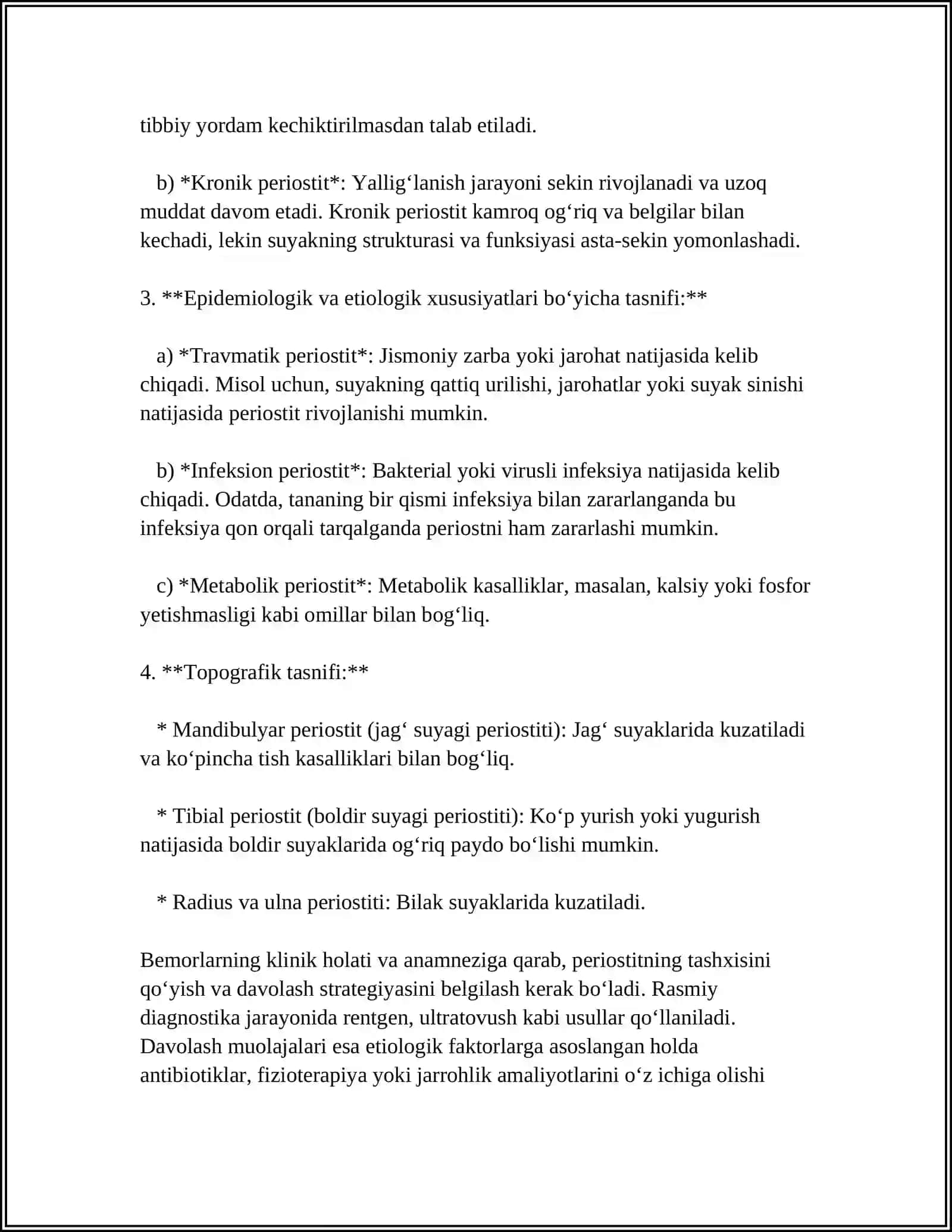 PERIOSTIT, ABSSESS, FLEGMONA TASNIFI KLINIKASI TASHXISI VA DAVOLASH. ODONTOGEN OSTEOMIELIT TASNIFI KLINIKASI TASHXISI VA DAVOLASH, ASORATLARI 4