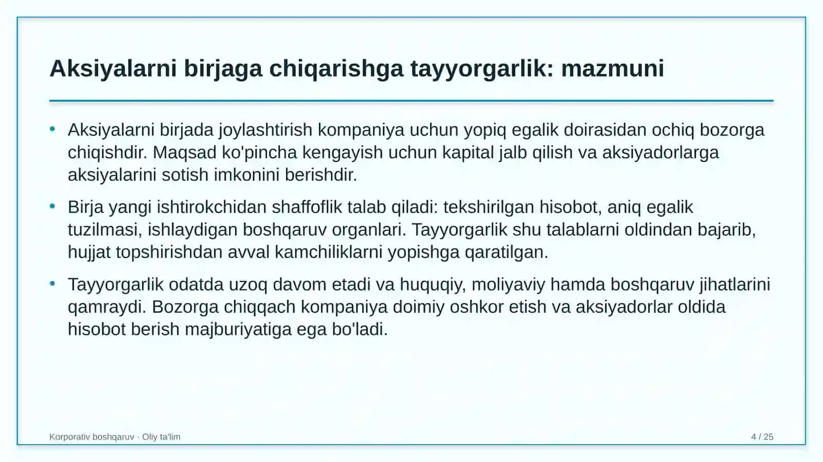 yakka tartibdagi uy joy qurilishida aksiyalarni birjada joylashtirishga tayyorgarlik ko'rish 4511 4