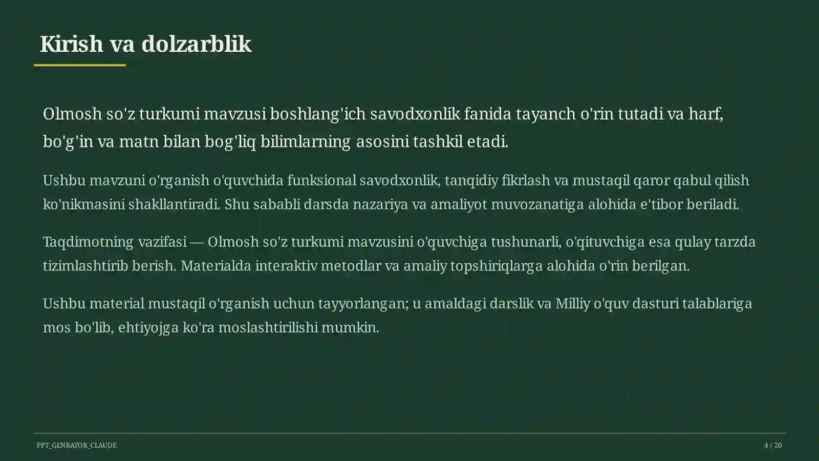 Boshlang'ich sinf: Ona tili va o'qish (1–4) 4