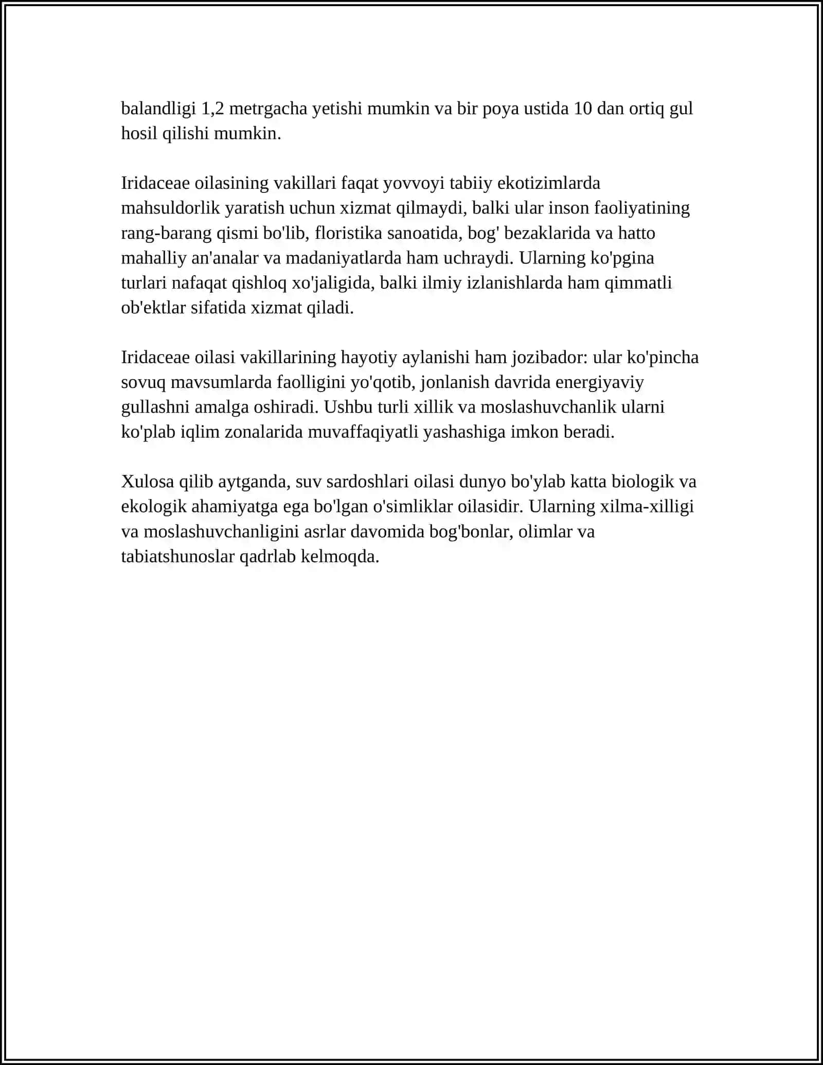 MUSTAQIL ISH Mavzu: SUVSARDOSHLAR (IRIDACEAE) OILASIDAGI TURLARI BIALOGIYASI EKALOGIYASI AREALI VA XALQ XO'JALIGIDAGI AHAMIYATI 4