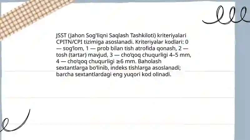 Parodont kasalliklari indekslari. JSST kriteriylari 4