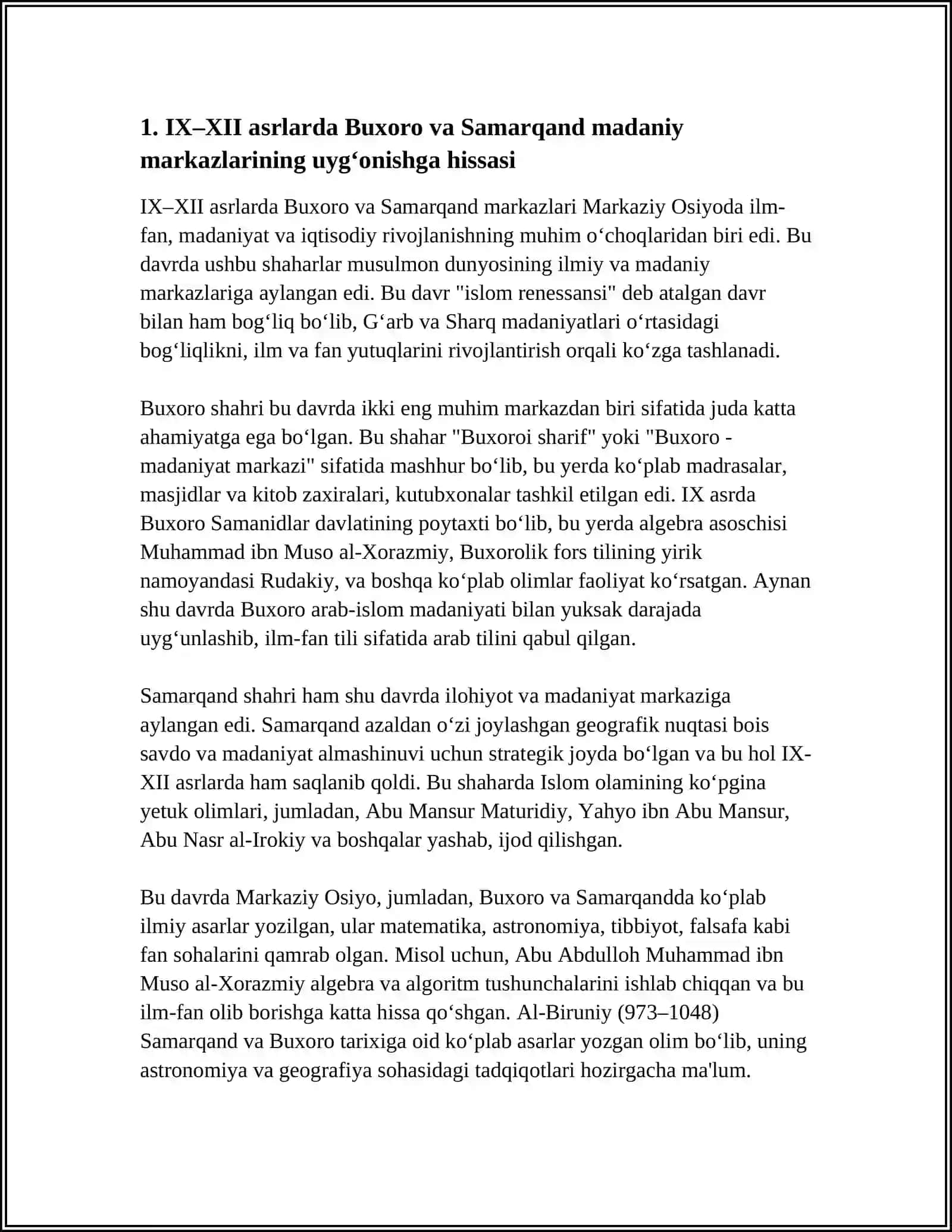 IX-XII ASRLARDA MAMLAKATIMIZ HUDUDIDA RO‘Y BERGAN MADANIY UYG‘ONISH (RENESSANS). BUYUK ALLOMALARNING JAHON SIVILIZATSIYASIGA QO‘SHGAN HISSASI MAVZUSIDA ESSE TAYYORLASH 4