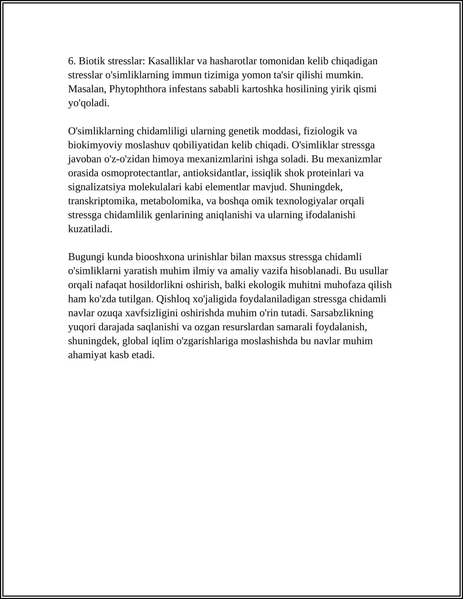 STRESS, MOSLASHUV VA CHIDAMLILIK.OʻSIMLIKLAR CHIDAMLILIGINING UMUMIY MEXANIZMLARI 4