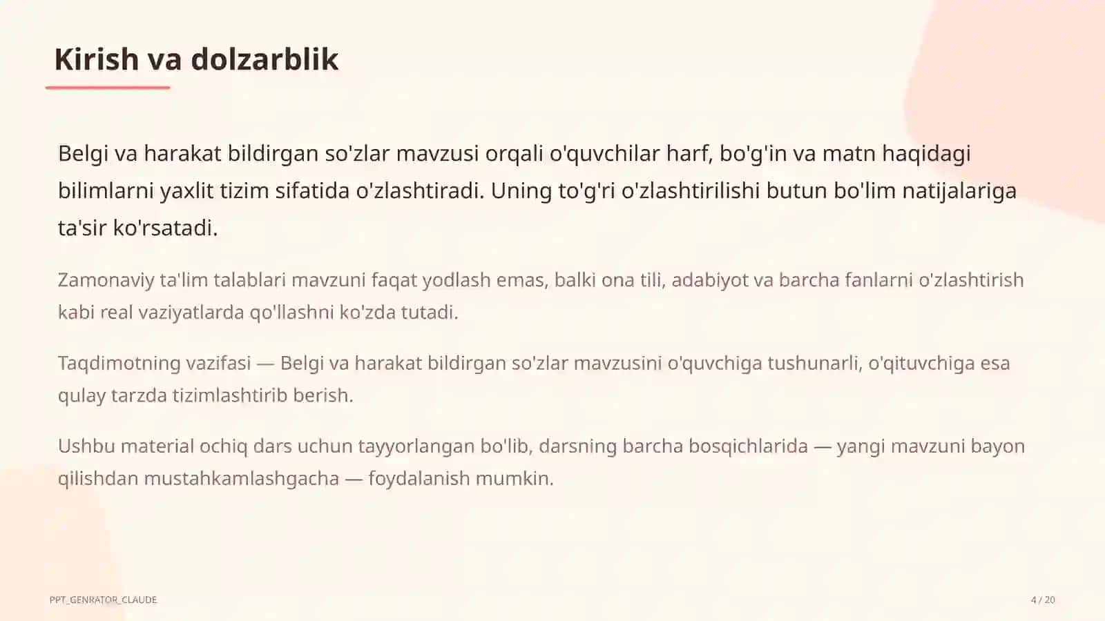 Belgi va harakat bildirgan so'zlar (2-sinf) 4