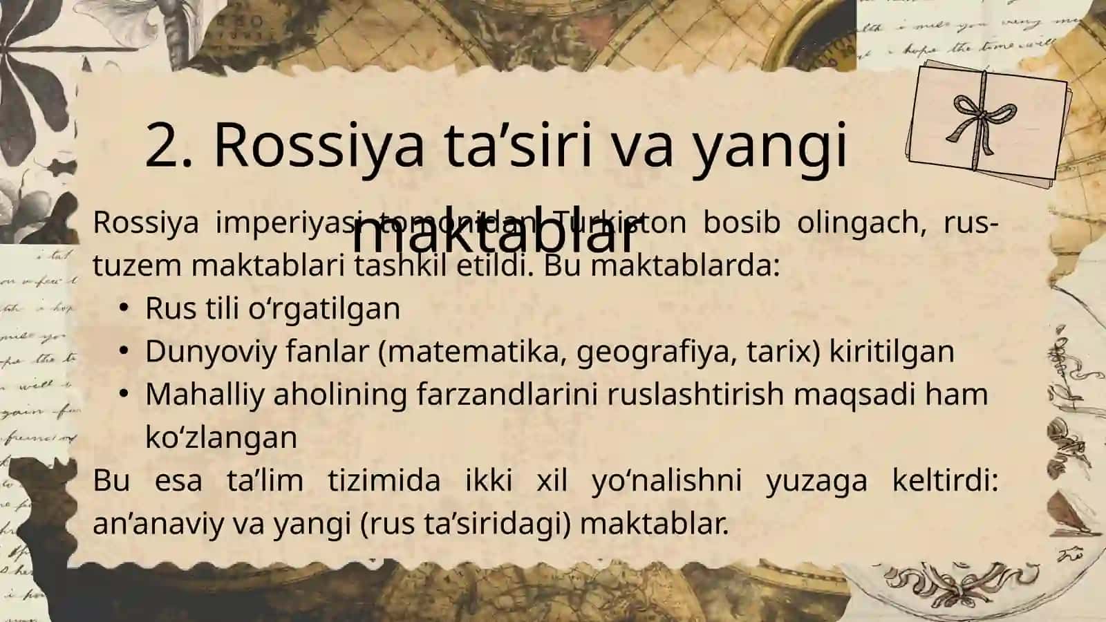 XIX asrning 2-yarmi – XX asr boshlarida Turkiston o‘lkasida tarbiya, maktab va pedagogik fikrlar 4