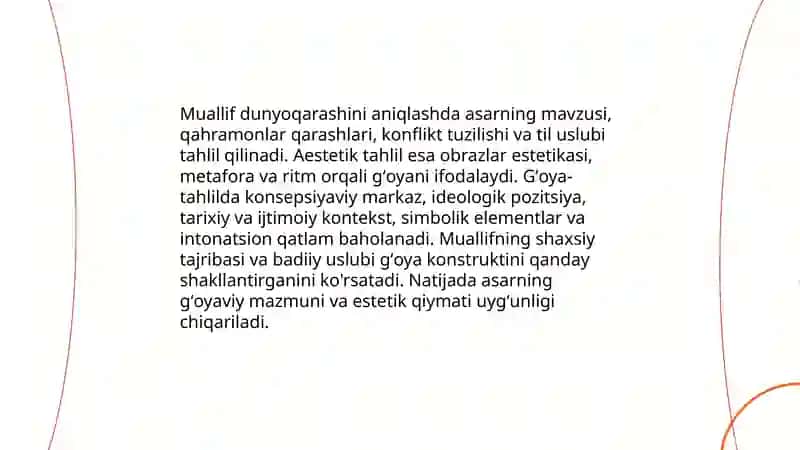 Tanlangan badiiy asarlarni astetik-gʻoyaviy jihatdan tahlil qilish 4