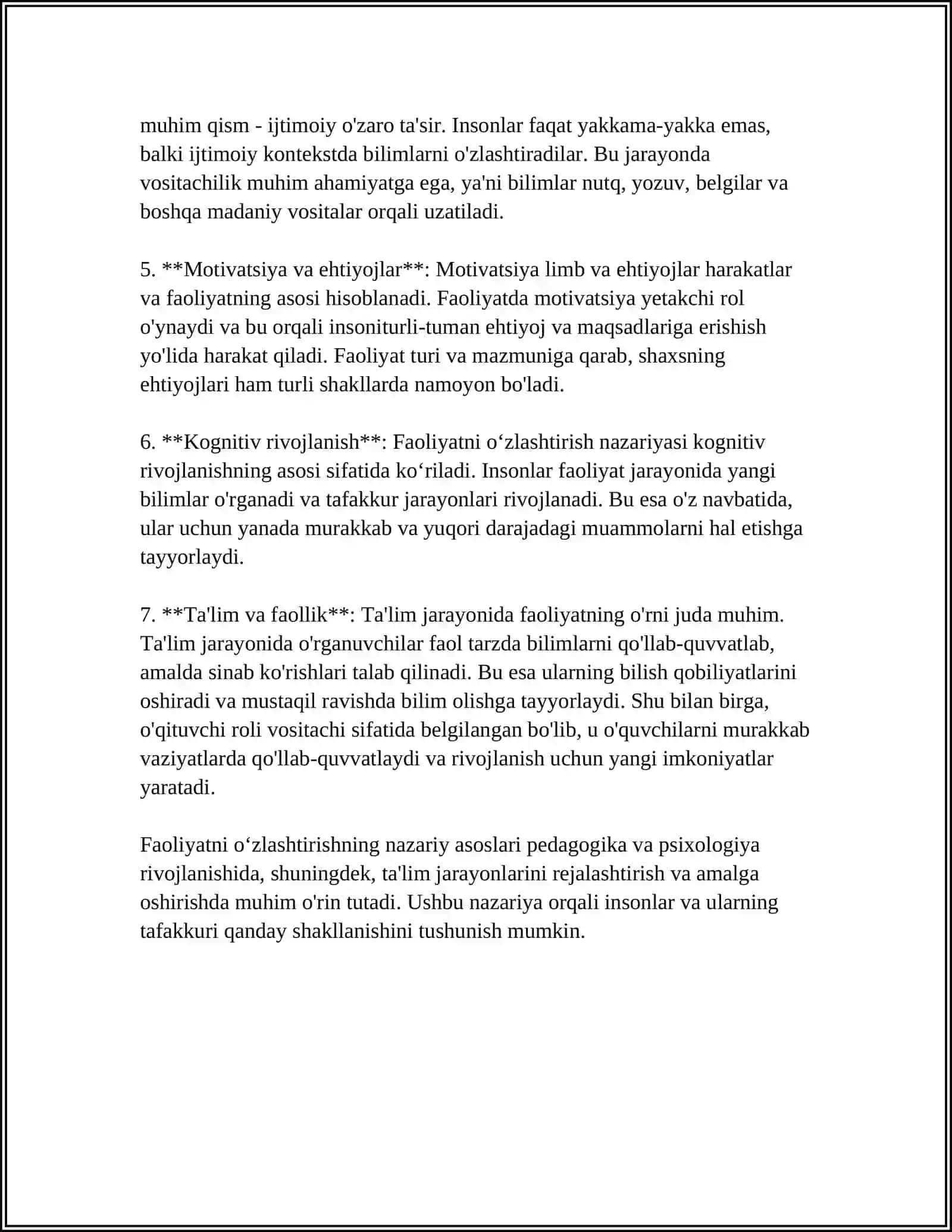 FAOLIYATNING OʻZLASHTIRILISHI VA MALAKALARNI EGALLASH. SINOSKA BILAN REFERAT 4