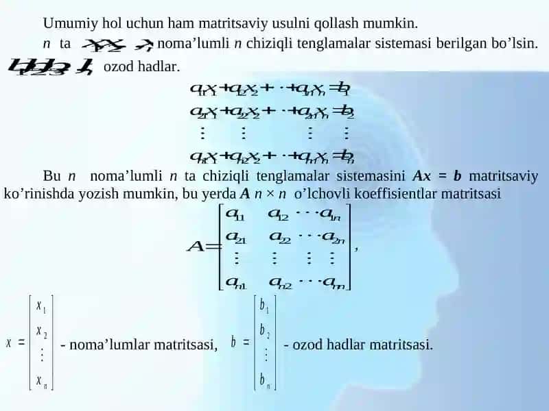 CHIZIQLI TENGLAMALAR SISTEMASINI YECHISHNING MATRITSALAR USULI. KRAMER QOIDASI 4