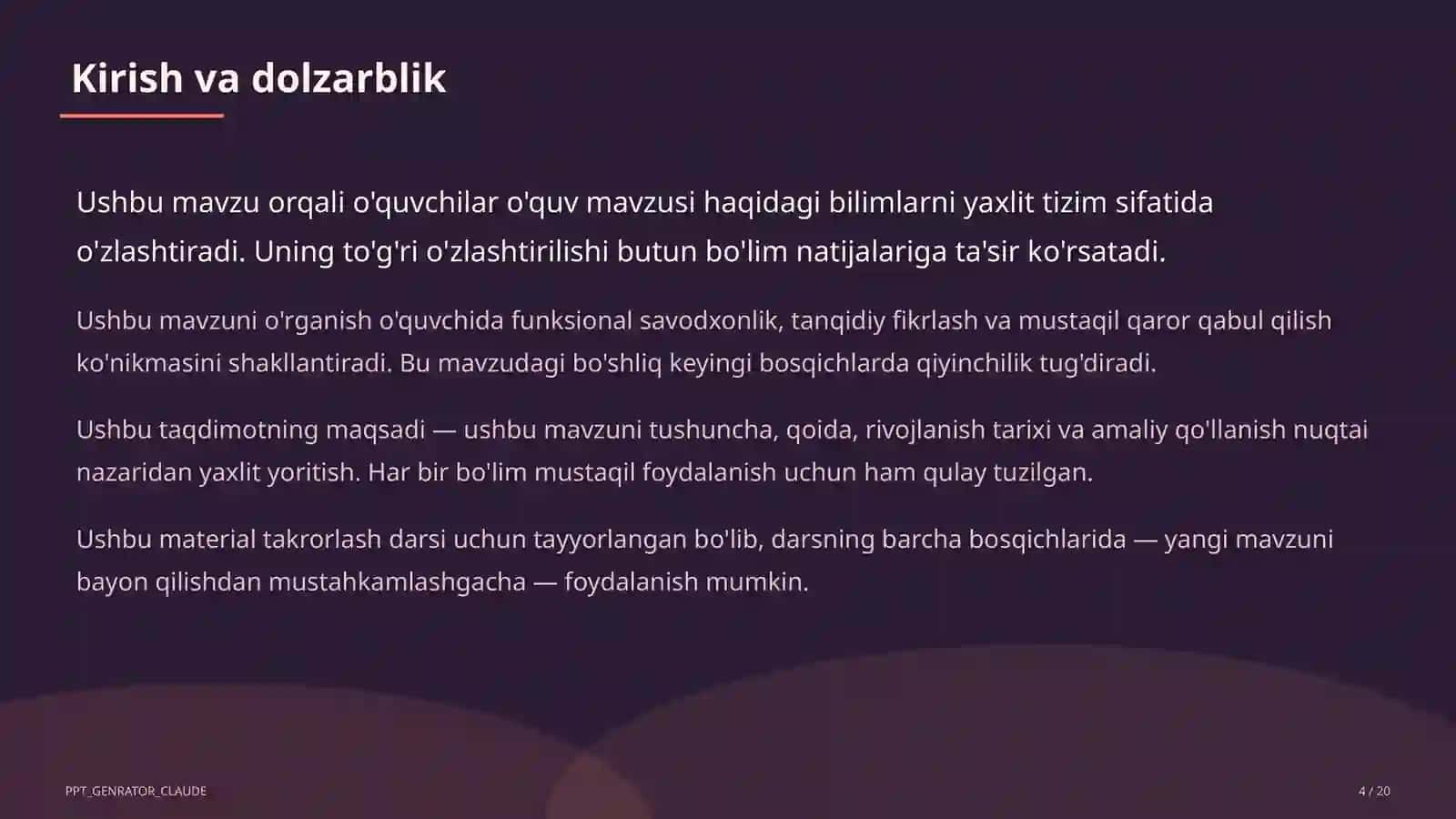 Dolzarb mavzular — maktab va o'qituvchilar (2026) — takrorlash darsi uchun 4