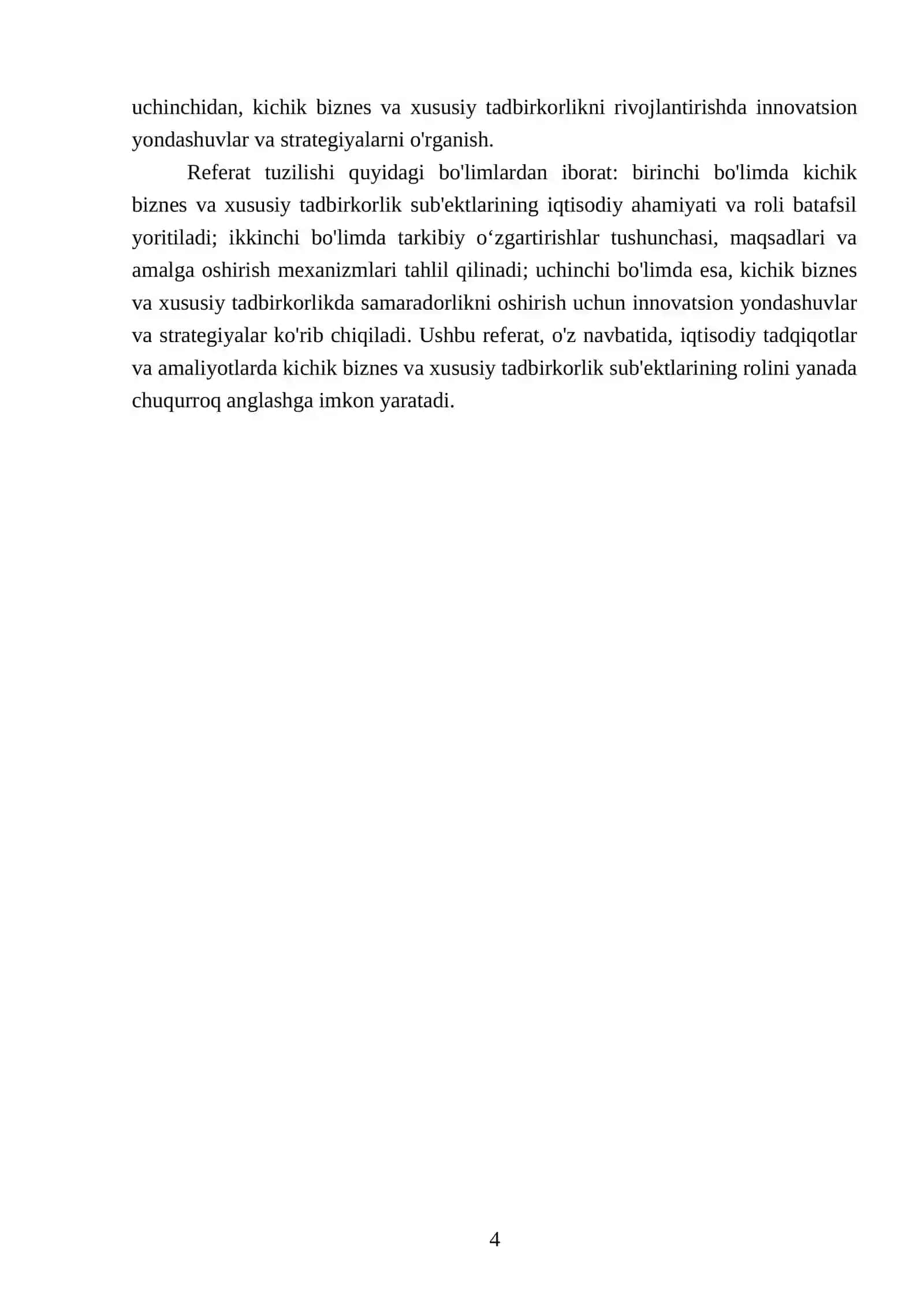 Tarkibiy oʻzgartirishlarni amalga oshirishda kichik biznes va xususiy tadbirkorlik subʼektlari faoliyati samaradorligini amalga oshirish yoʻllari 4