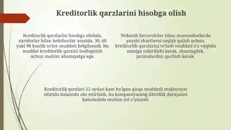 Debitor va kreditor qarzdorliklarni buxgalteriya hisobida aks ettirish 4