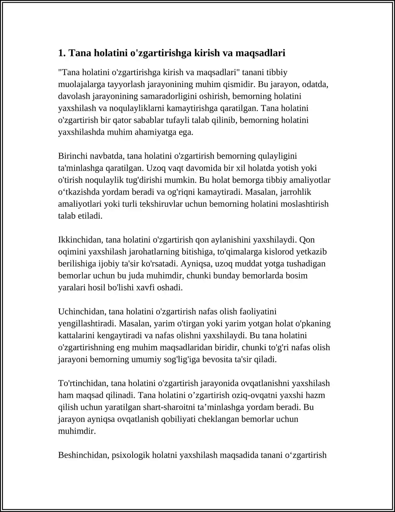 TANA HOLATINI OʻZGARTIRISHDA BEMORGA SHAROIT YARATISH VA KERAKLI JIHOZLARNI TAYYORLASHNI 4