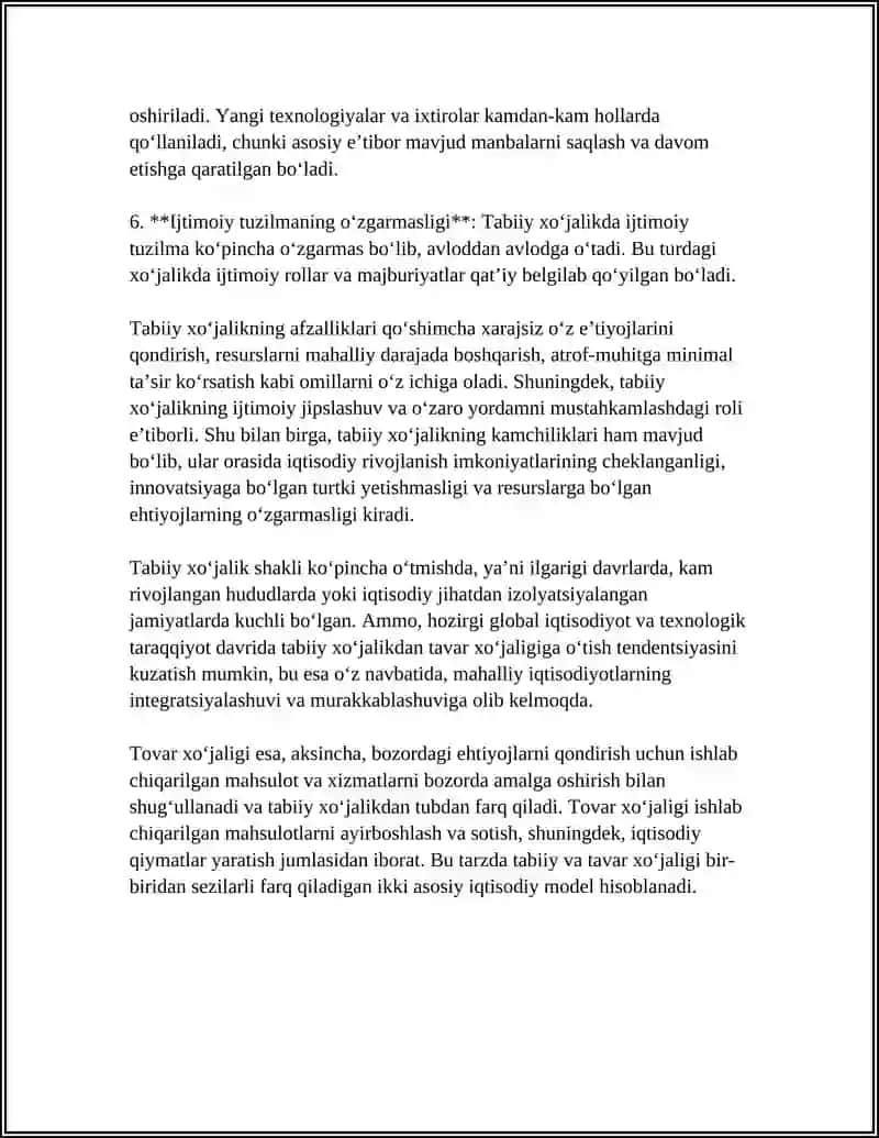 IJTIMOIY XOʻJALIK YURITISH SHAKLLARI:NATURAL VA TAVAR XOʻJALIGI 4