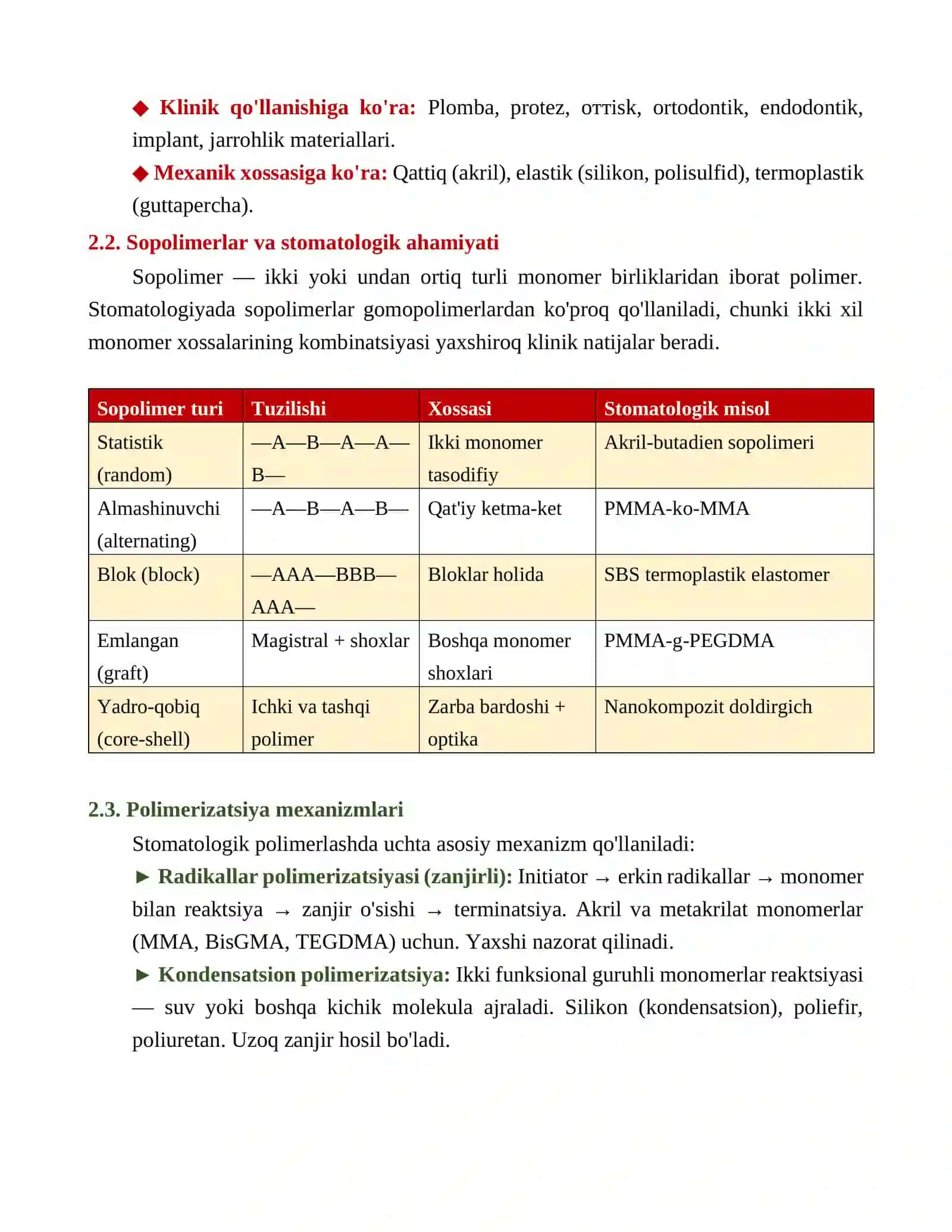 STOMATOLOGIYA YO'NALISHIDA QO'LLANILADIGAN POLIMERLAR VA SOPOLIMERLAR MUSTAQIL ISH 4