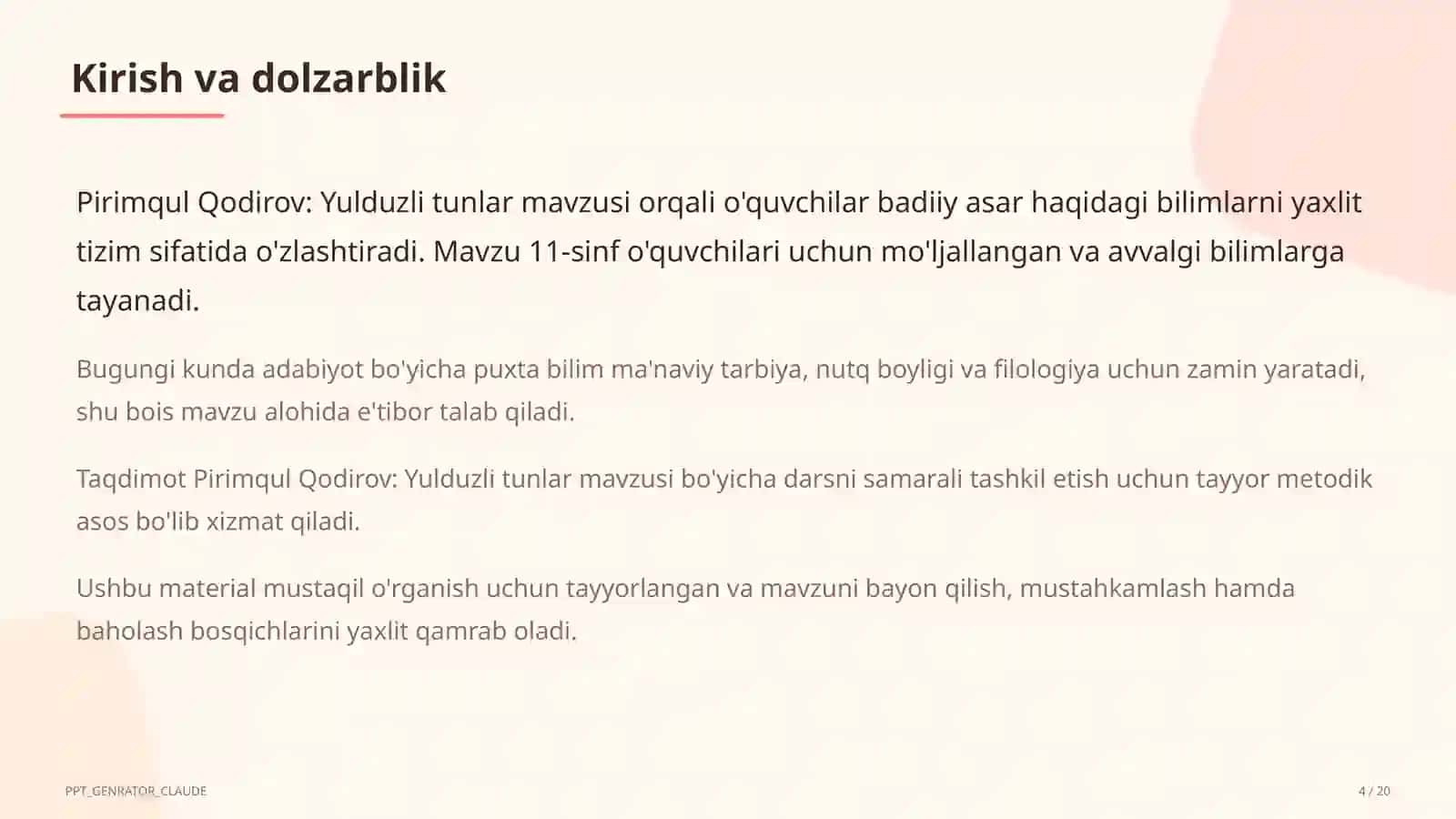 Pirimqul Qodirov: Yulduzli tunlar (11-sinf) 4