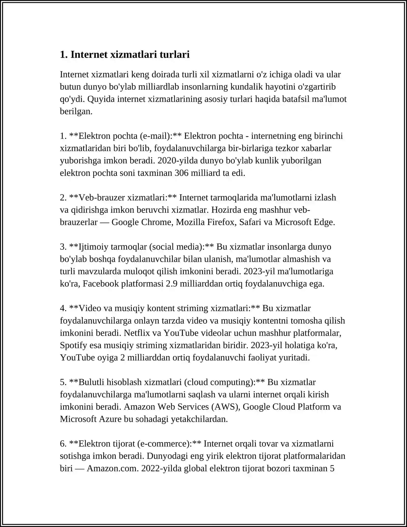 INTERNET XIZMATLARI: WWW, ELEKTRON POCHTA, FTP VA BOSHQA XIZMATLAR. INTERNET XAVFSIZLIGI VA AXBOROT HIMOYASI 4