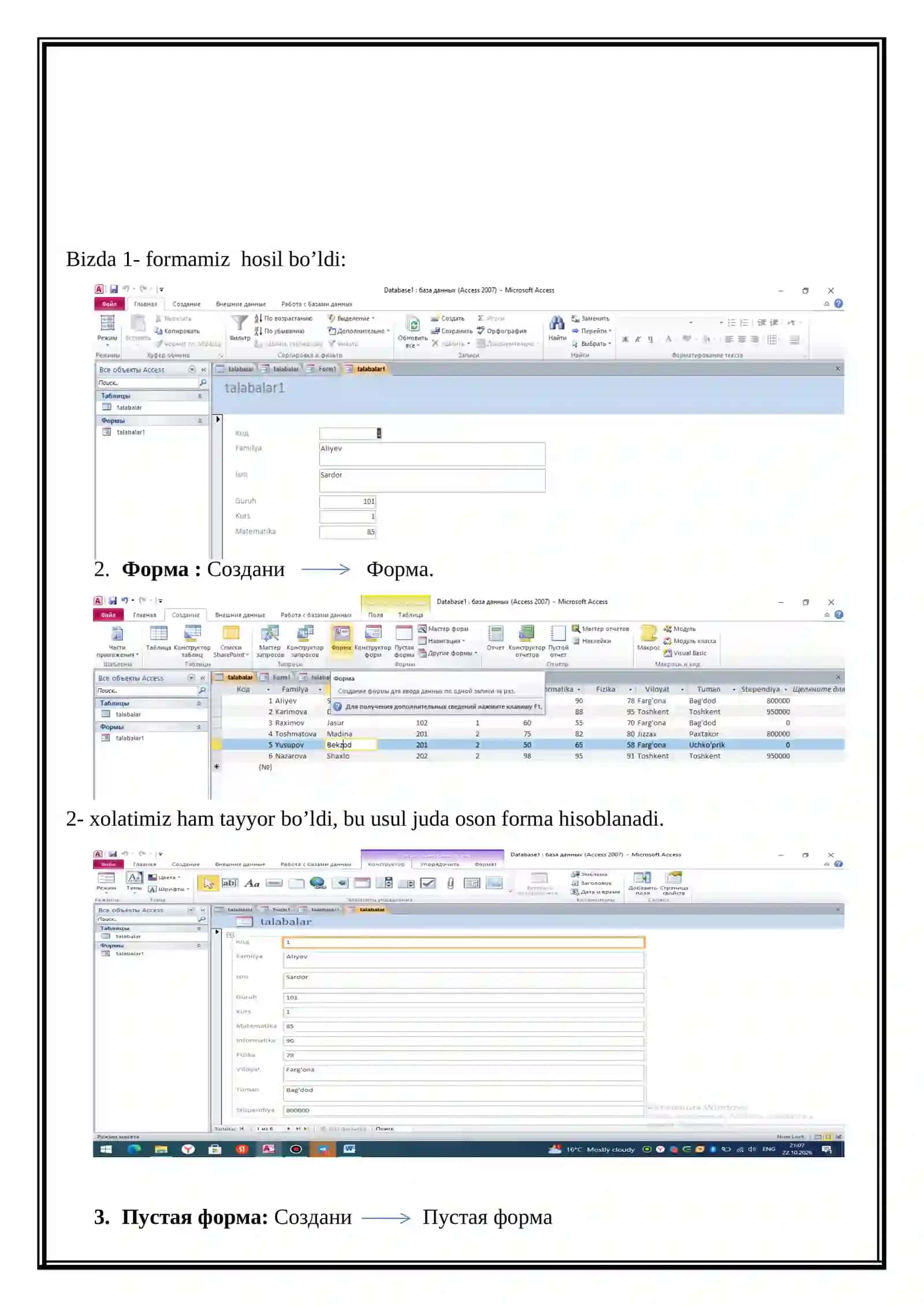 Microsoft Access dasturida shakllar (formalar) yaratish 4