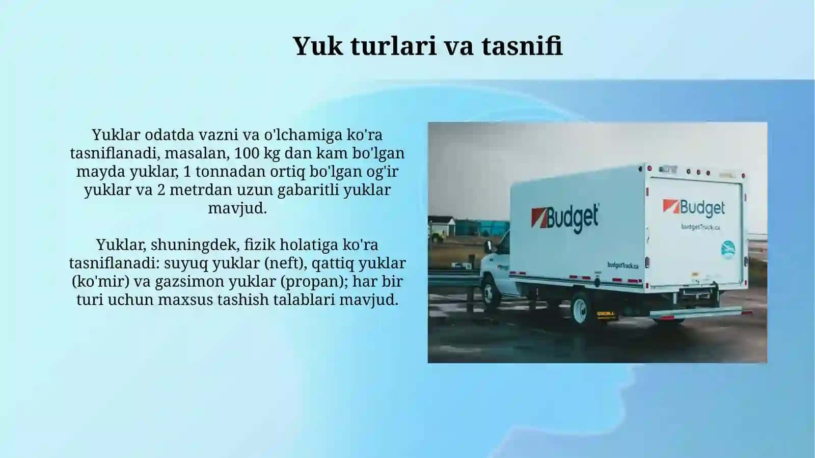 Yuk tashish sohasida yuklar vaularning turkumlari 4