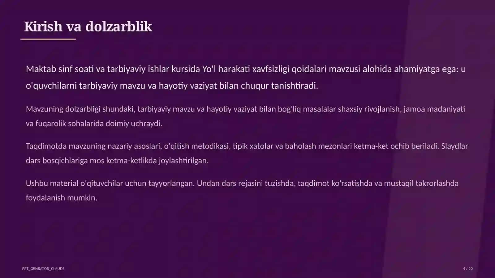 Yo'l harakati xavfsizligi qoidalari Sinf soati va tarbiyaviy tadbirlar (1–11) — o'qituvchilar uchun 4