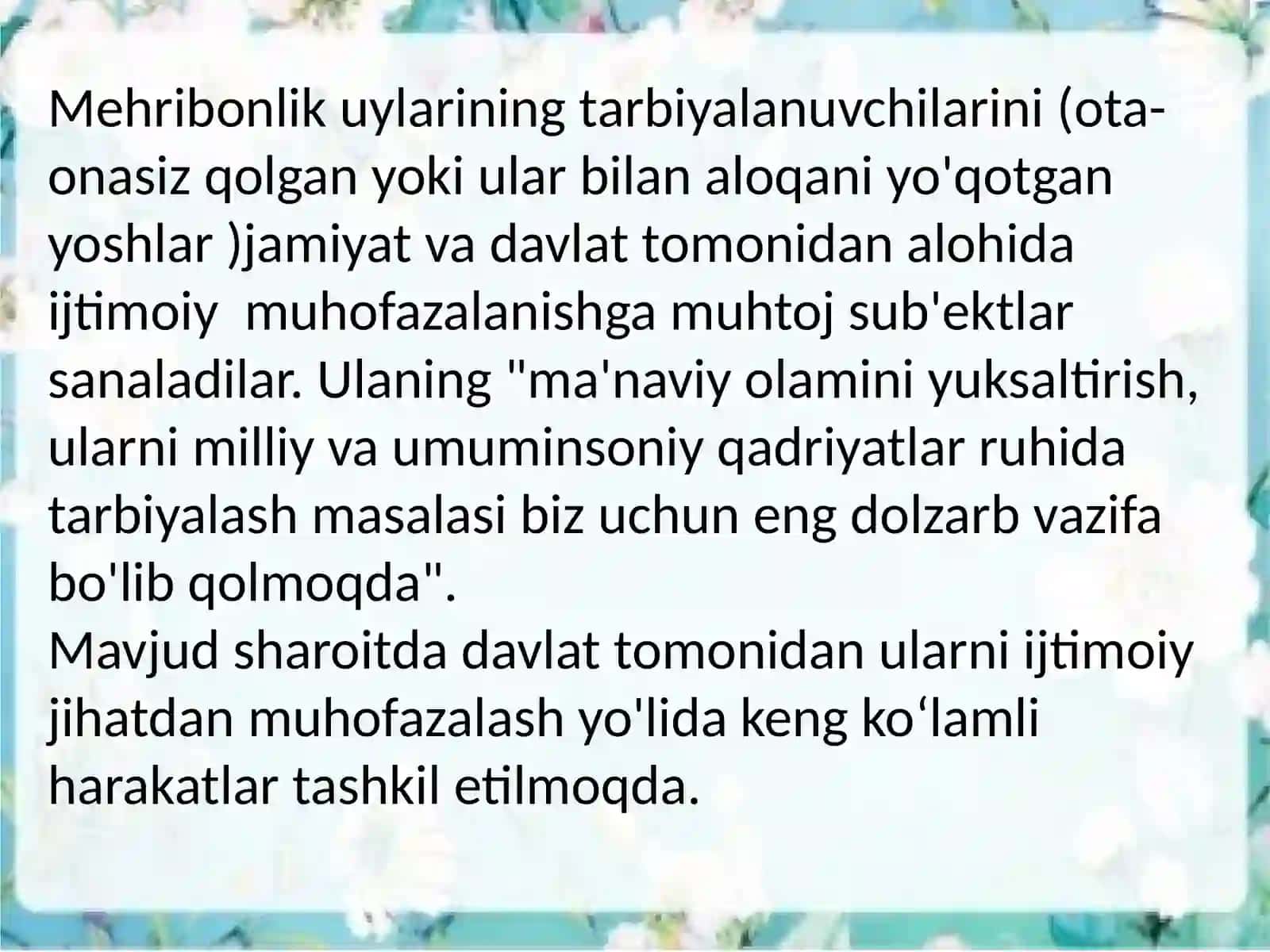 Mehribonlik uylari o'smirtarbiyalanuvchilarinibag‘rikenglikruhidatarbiyalash 4