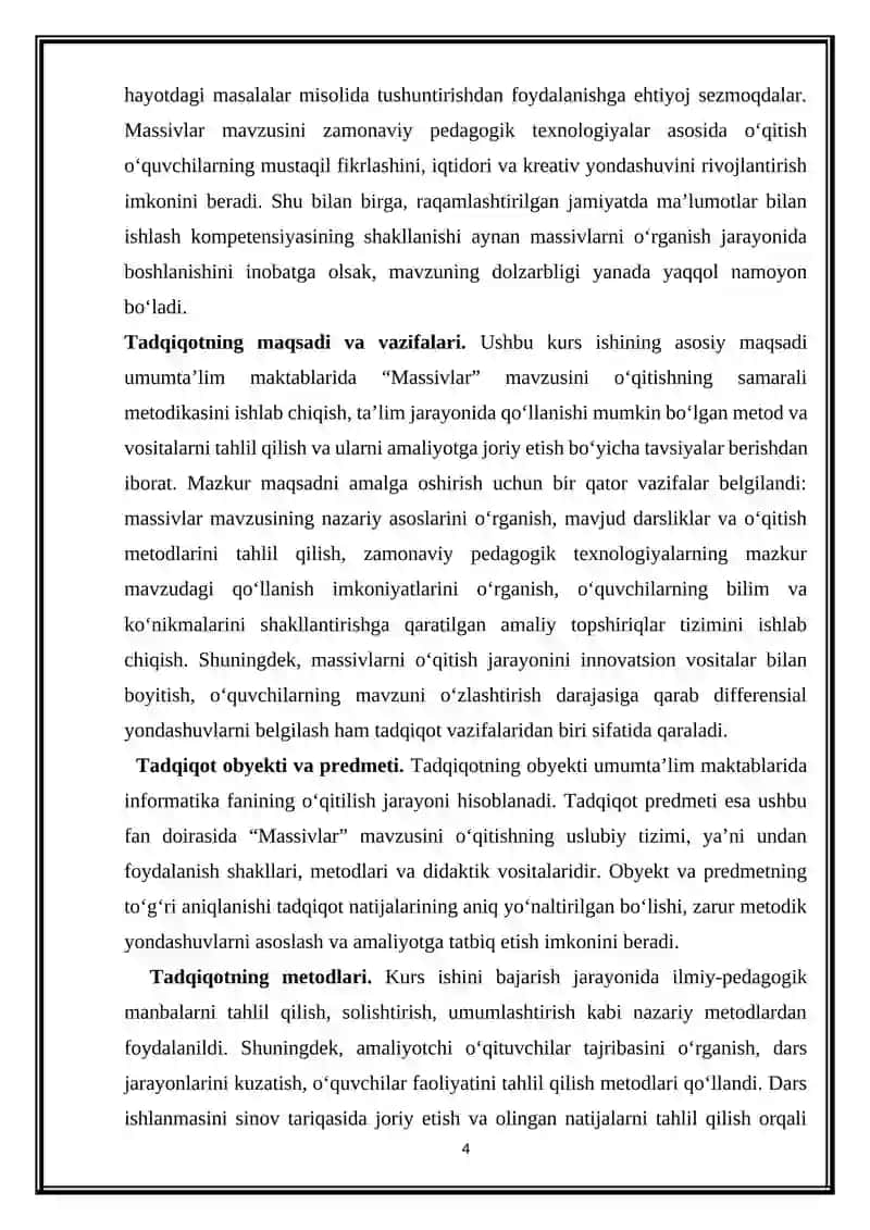 Massivlar mavzusini oʻqitish metodikasi 4