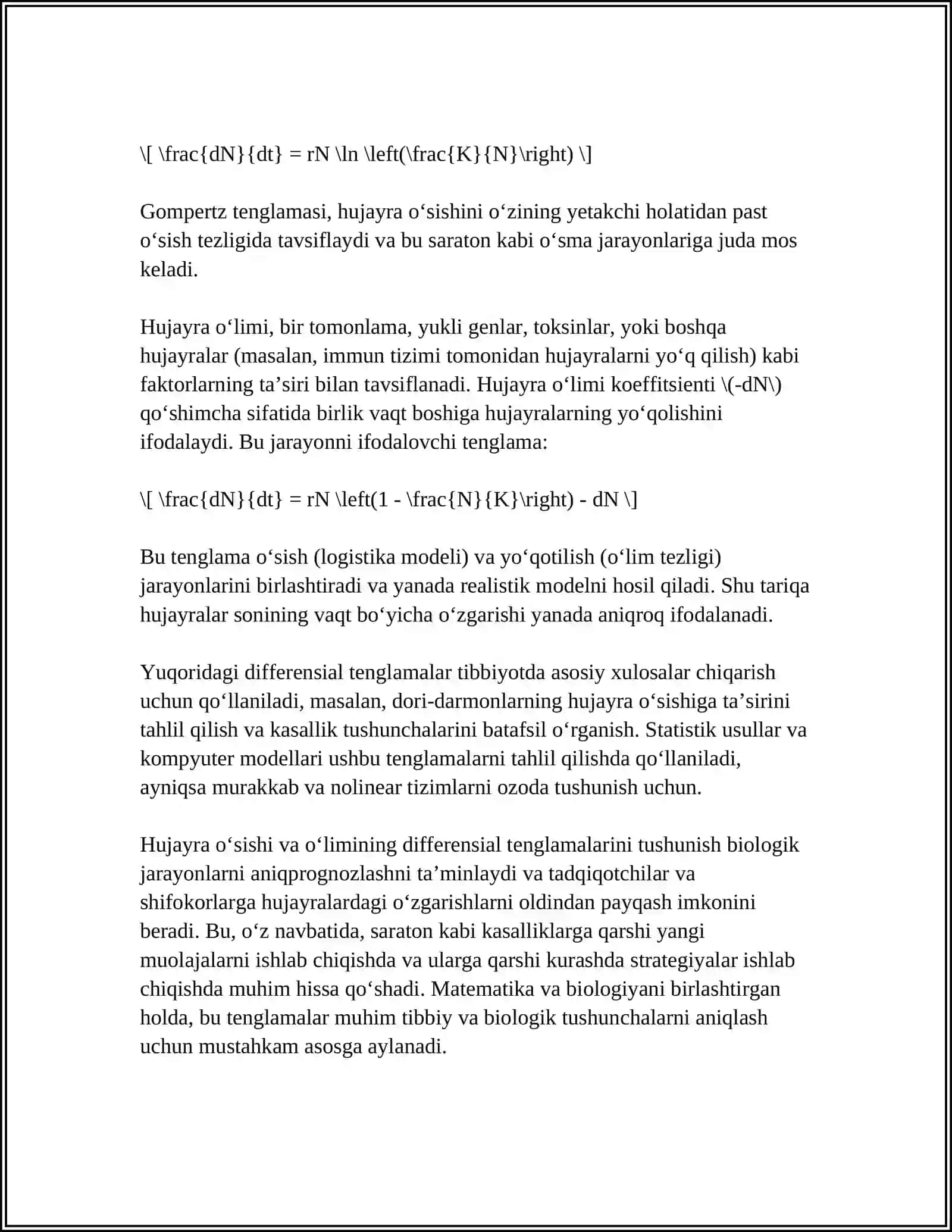 TIBBIY-BIOLOGIK MAZMUNDAGI DIFFERENSIAL TENGLAMALARNI TUZISH VA YECHISH 4