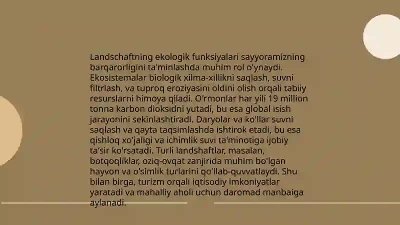 Landshaftlarning funksiyalari nimalardan iborat ekanligini oʻrganish 4