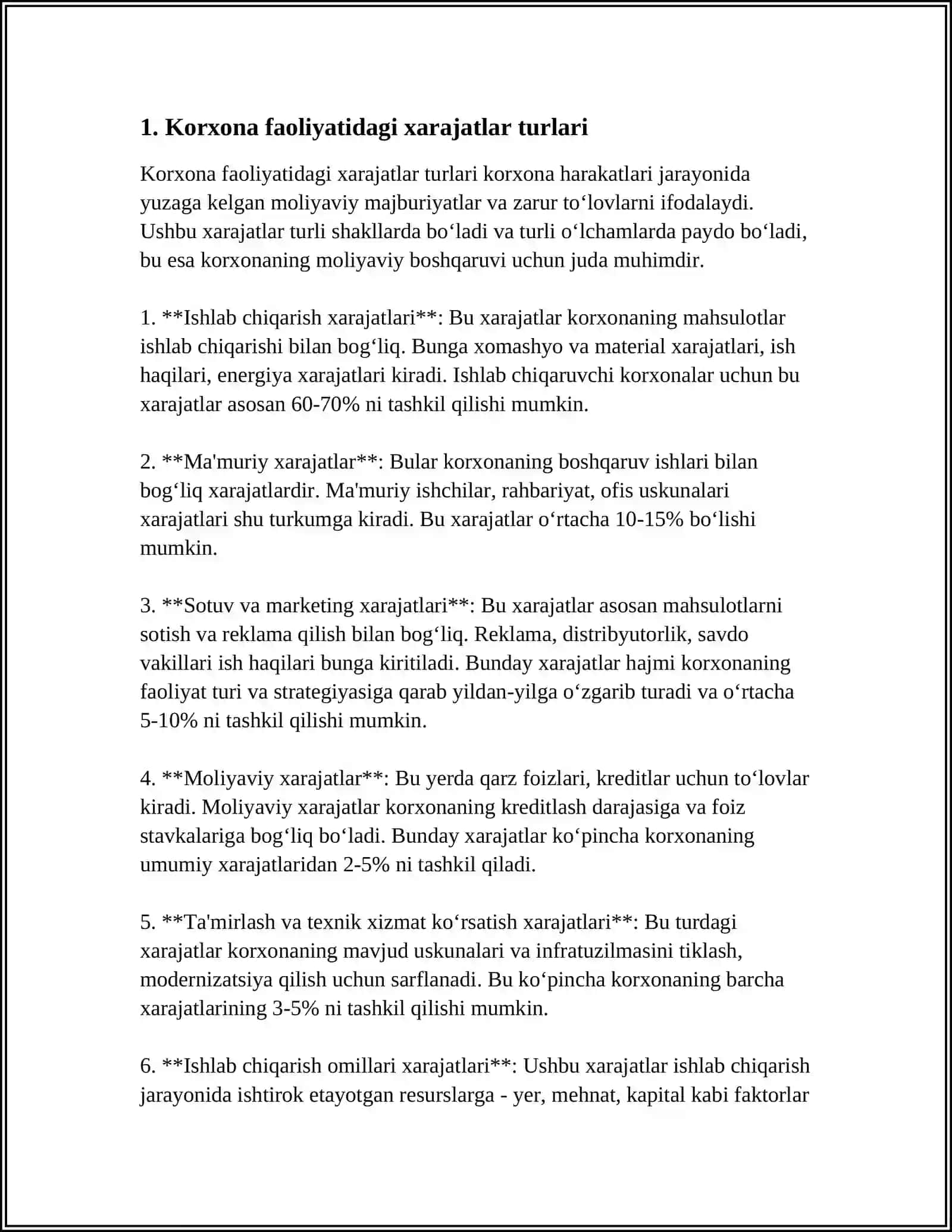 KORXONA ISHLAB CHIQARISH XARAJADLARI VA RENTABELLI. KORXONA XARAJADLARI VA ULARNI KAMAYTIRISH YÒLLARI 4