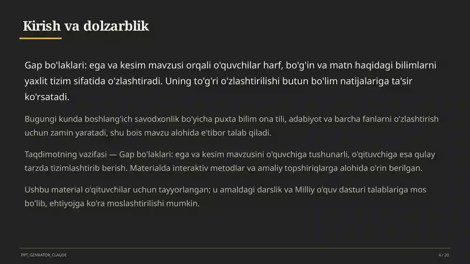 Gap bo'laklari: ega va kesim (4-sinf) 4