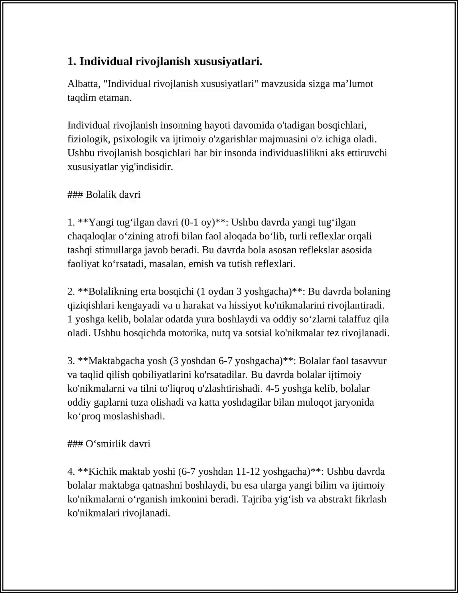 QUSHLARNING INDIVIDUAL RIVOJLANISH XUSUSIYATLARI MAVZUSIDA MUAMMONINING YECHIMINI TOPISH,TEST,MUNOZARALI SAVOLLAR VA TOPSHIRIQLAR TUZISH 4