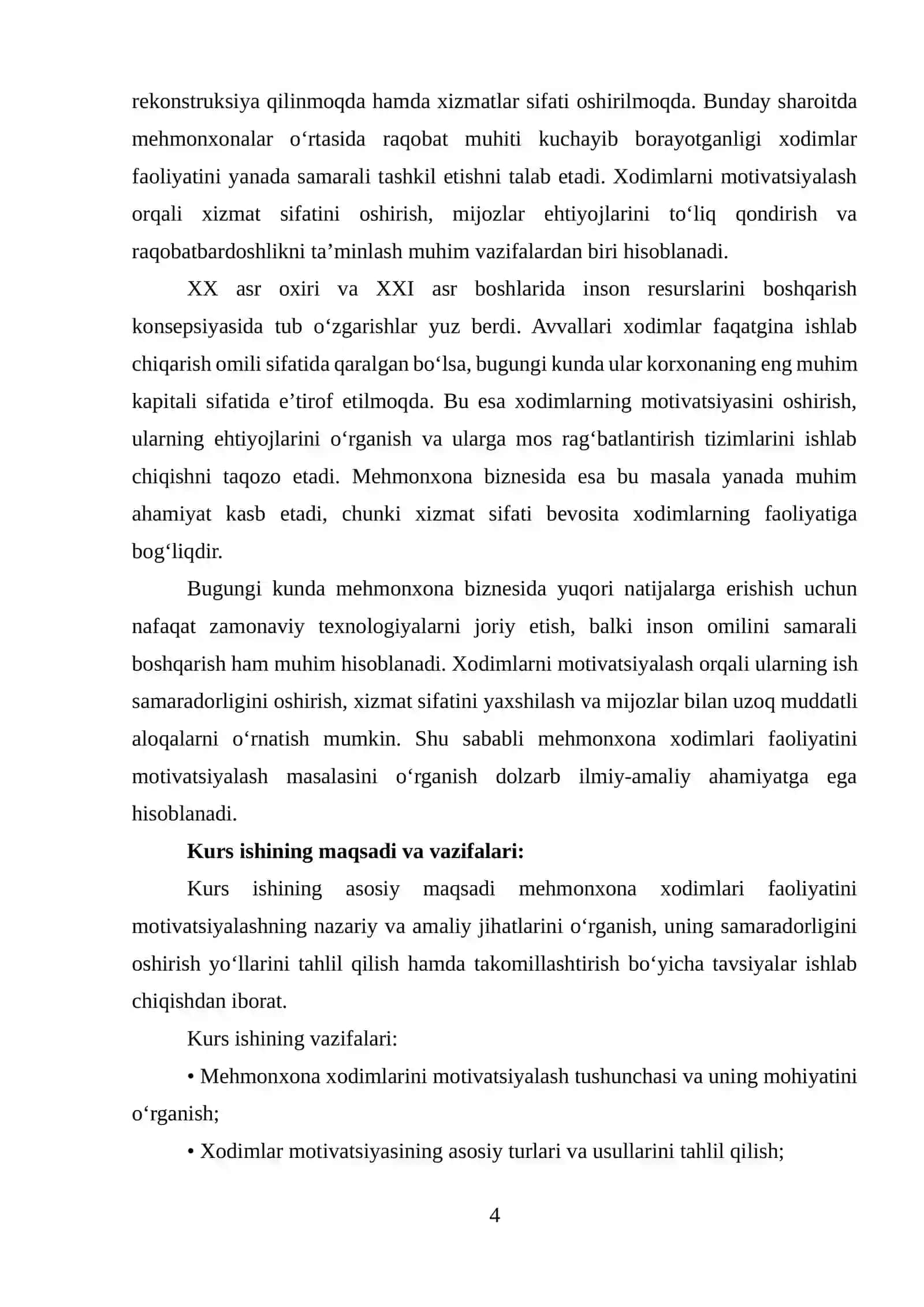Kurs ishi: Mehmonxona xodimlari faoliyatini motivlashtirish 4