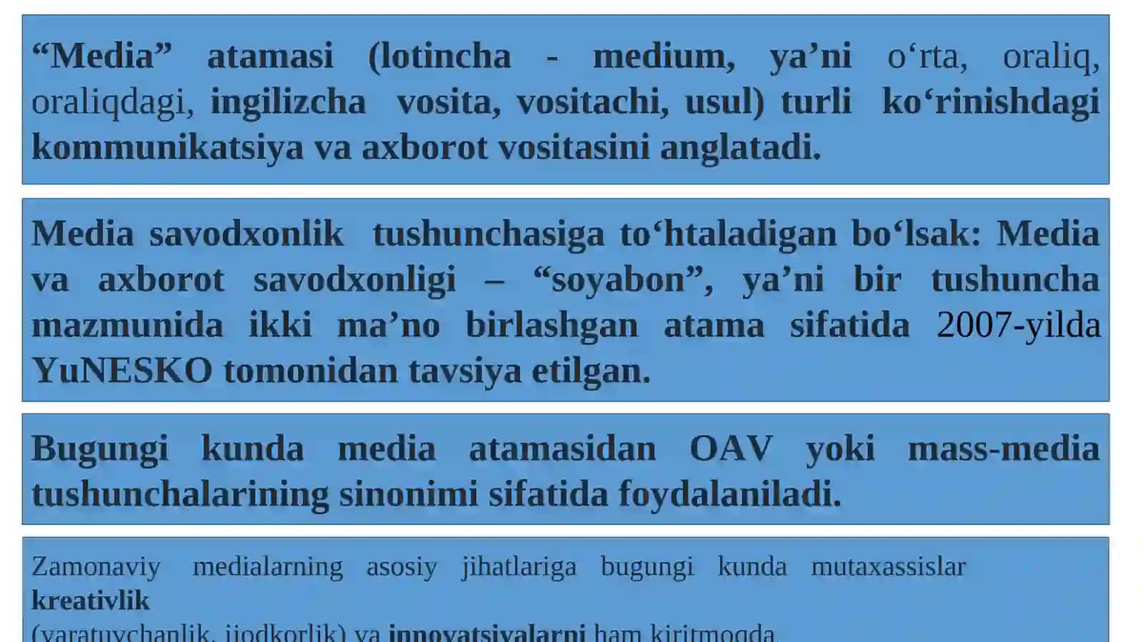 MEDIA SAVODXONLIK VA AXBOROT MADANIYATI FANINING PREDMETI VA JAMIYAT TARAQQIYOTIDAGI O‘RNI. 4