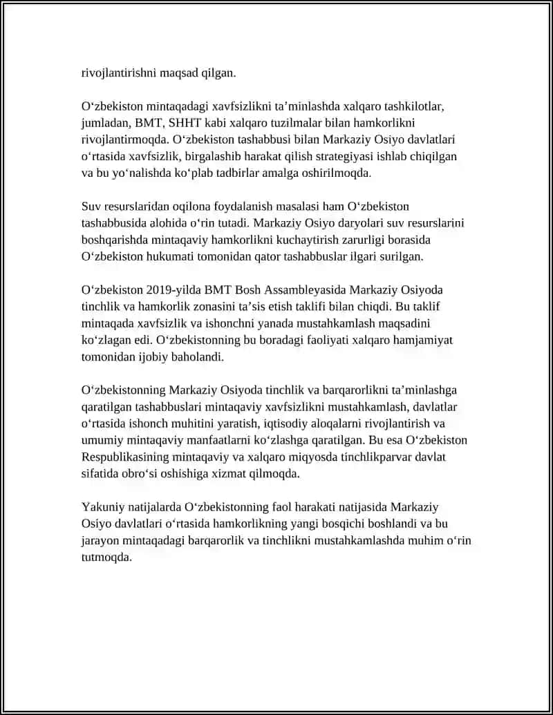 O'ZBEKISTONNING MARKAZIY OSIYO TINCHLIK VA BARQARORLIKDAGI TAMINLASH O'RNI 4