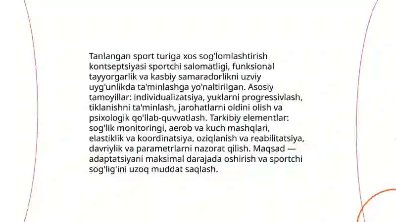 Tanlangan sport turi bo'yicha sport sog'lomlashtirish bosqichida mashg'ulotlarni tashkil etishning umumiy asoslari 4