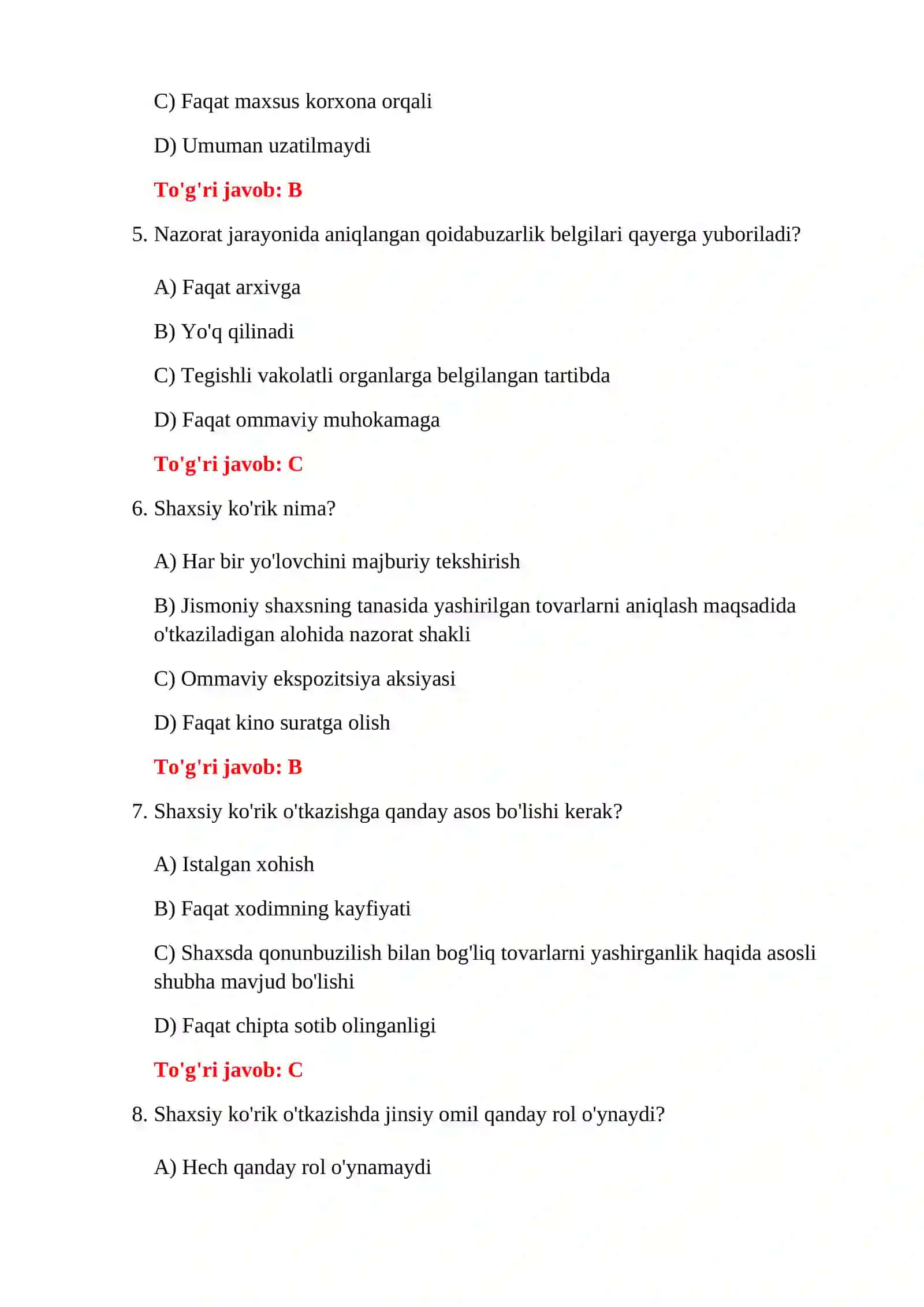 BOJXONA NAZORATI 300 TA TEST 4