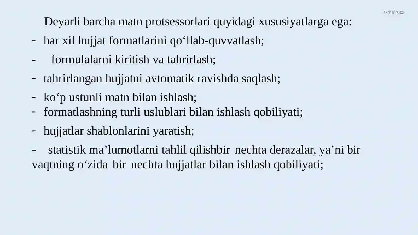 Ma’ruza №4 Zamonaviy matn muharrirlari va protsessorlari 4