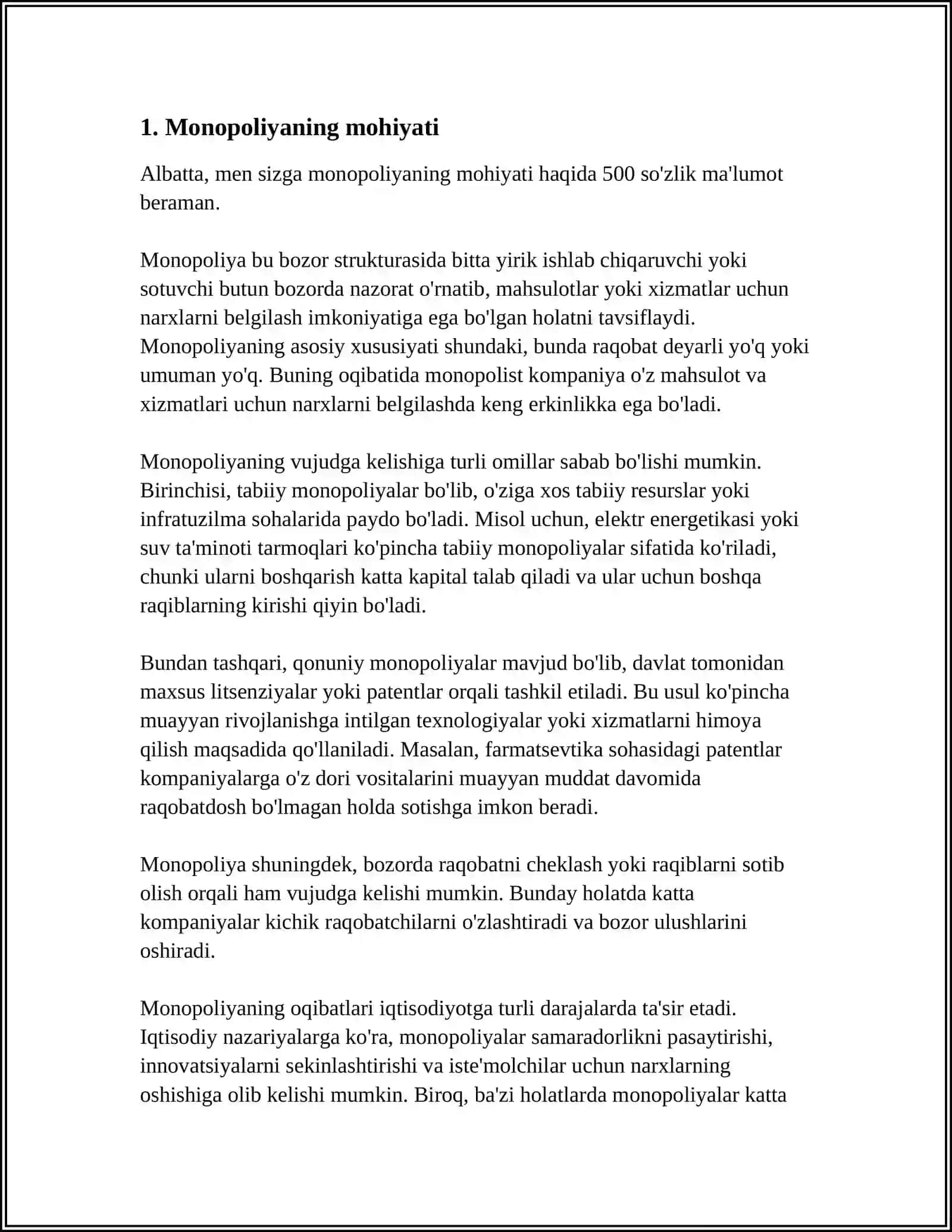 MONOPOLIYANING MOHIYATI VA UNING VUJUDGA KELISHI SABABLARI.KAPITALNING TO'PLANISHI VA MARKAZLASHUVI 4