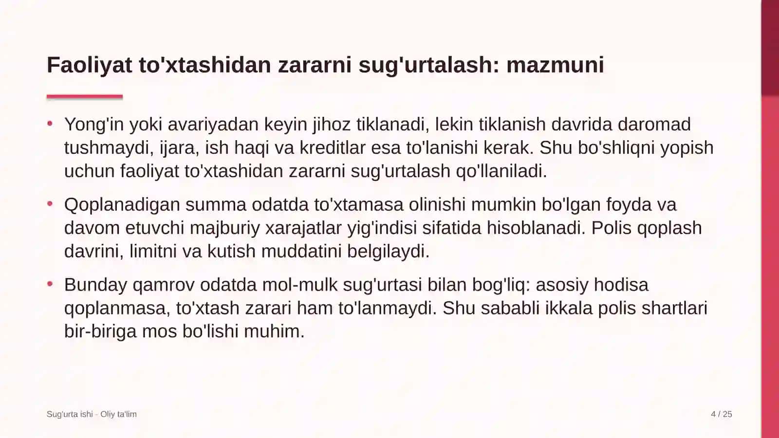 qurilish laboratoriyalarida faoliyat to'xtab qolishidan ko'rilgan zararni sug'urtalash 8181 4