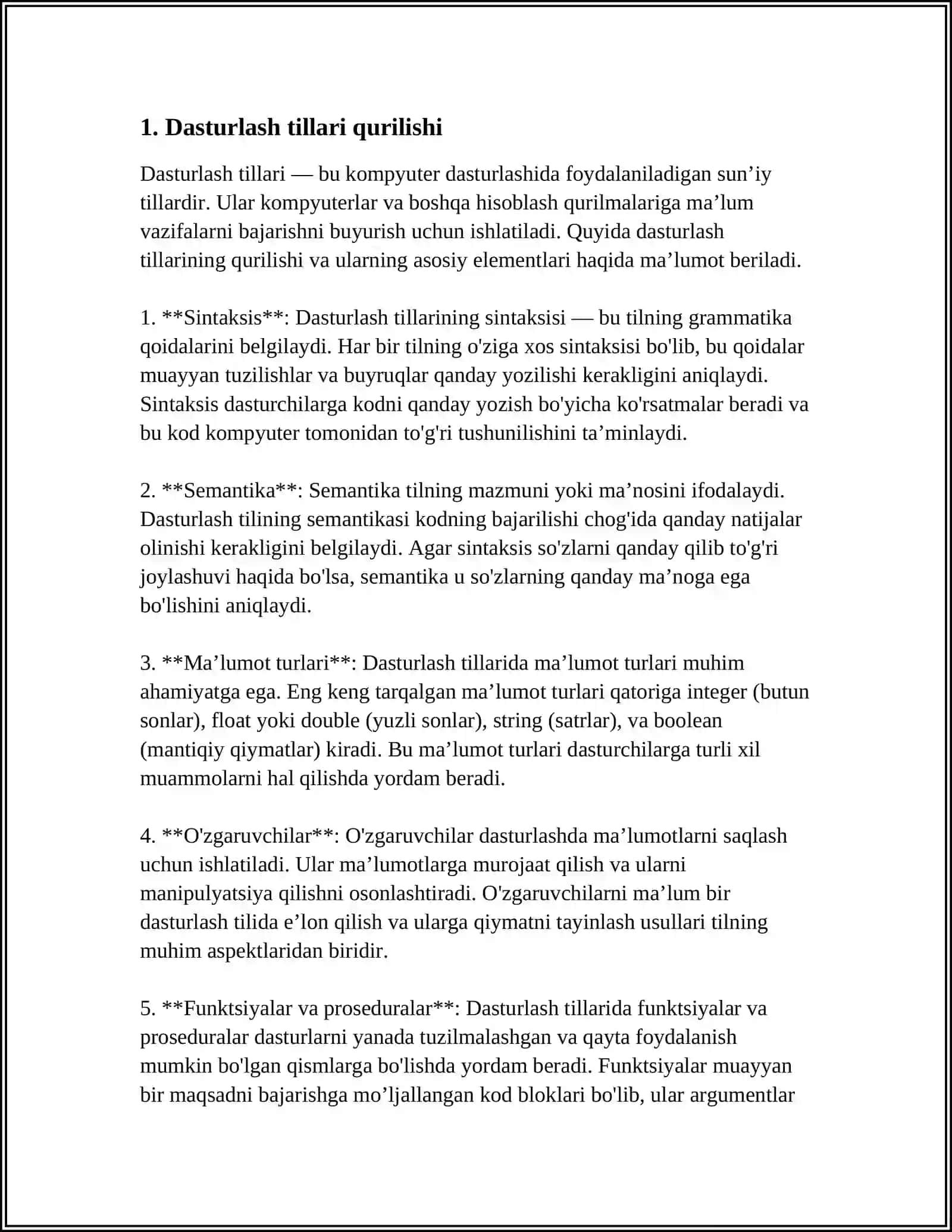 DASTURLASH TILLARINI TUZILMASI. MA'LUMOT TURLARI 4